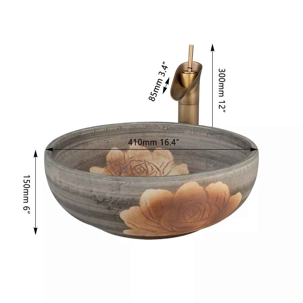 Luxurious Round Ceramic Bathroom Sink with Antique Brass Faucet Dimension