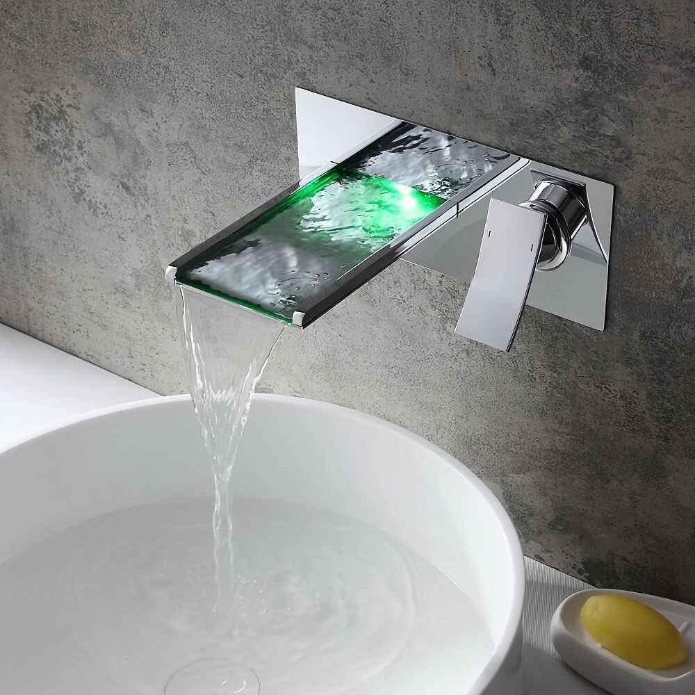 Contemporary Wall-Mounted Waterfall Faucet with LED Temperature Indicator Upper View