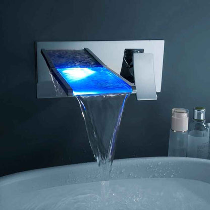 Contemporary Wall-Mounted Waterfall Faucet with LED Temperature Indicator Blue