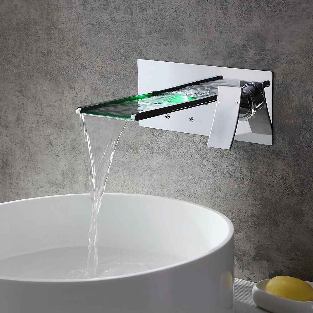 Contemporary Wall-Mounted Waterfall Faucet with LED Temperature Indicator Dripping 