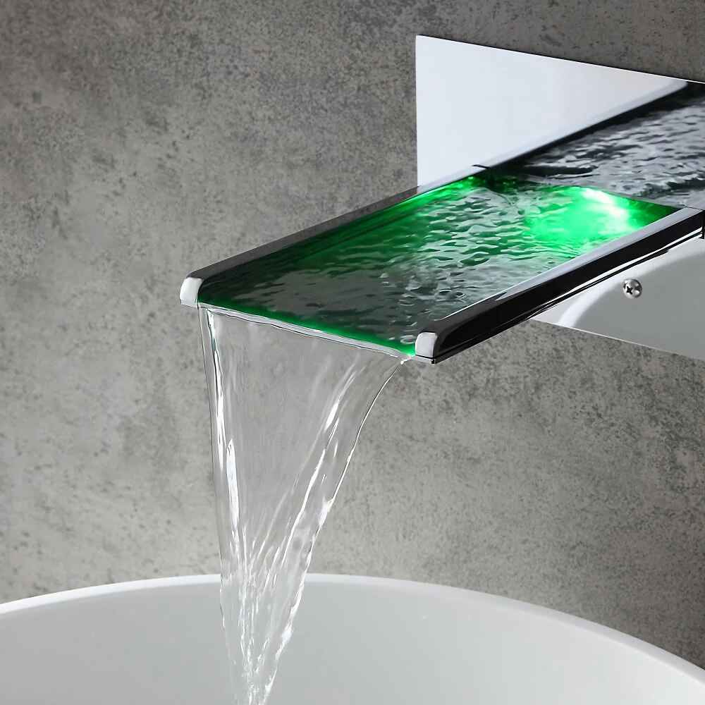 Contemporary Wall-Mounted Waterfall Faucet with LED Temperature Indicator Green