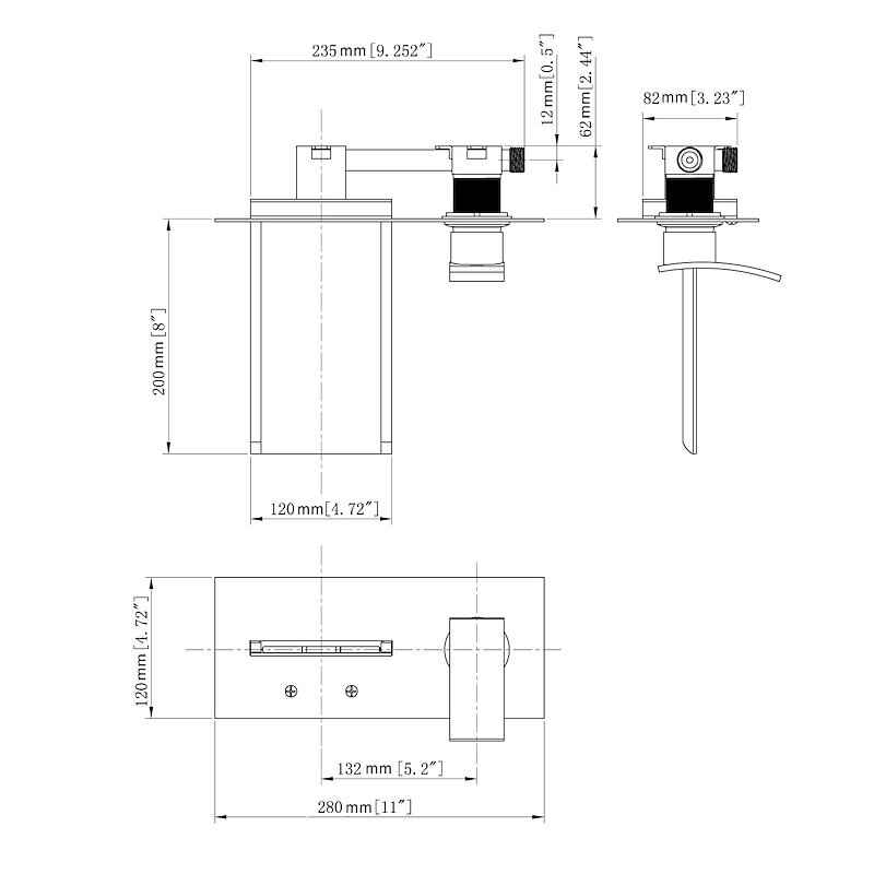 Contemporary Wall-Mounted Waterfall Faucet with LED Temperature Indicator Dimension