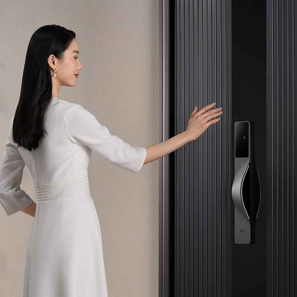 Advanced Smart Lock with Palm, Face, and Fingerprint Recognition Gray door