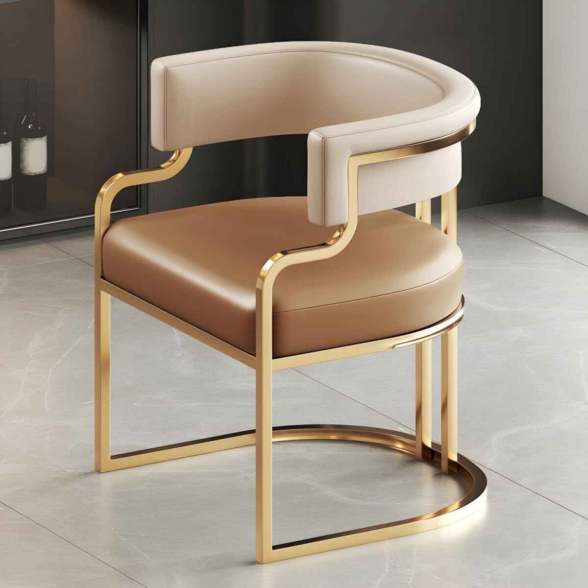 Luxurious Nordic Metal Dining Chair with Ergonomic Design and Handrails Beige/Brown