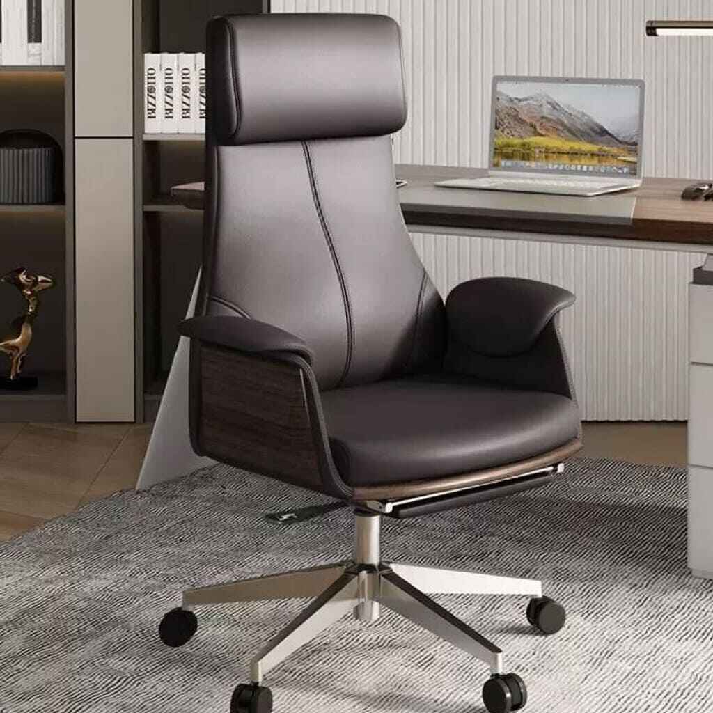 Deluxe Leather Office Chair with Armrests and Rollers Brown