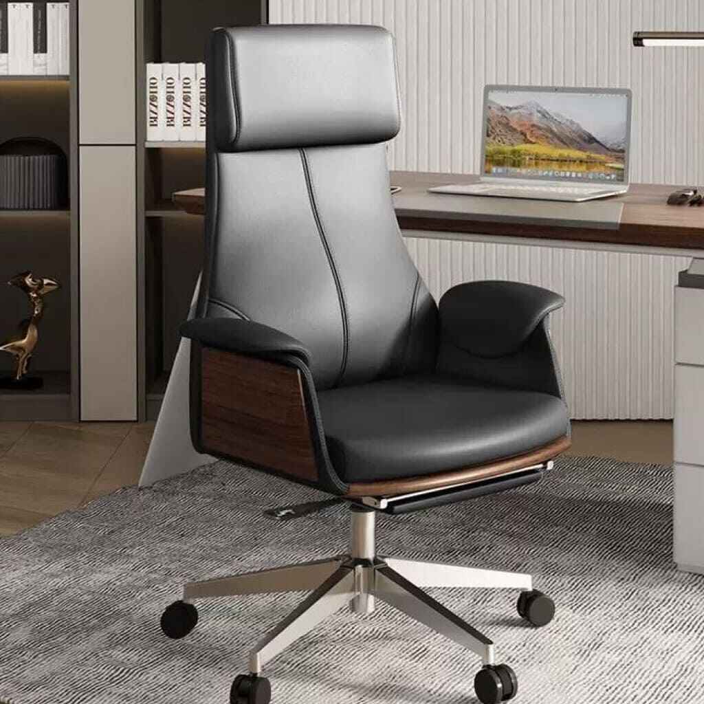 Deluxe Leather Office Chair with Armrests and Rollers Black