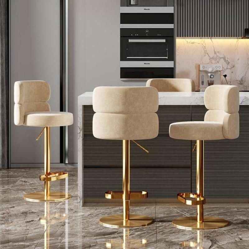 Luxurious Nordic-Inspired Swivel Bar Chair with Adjustable Height & Stainless Steel Frame Back and side view khaki