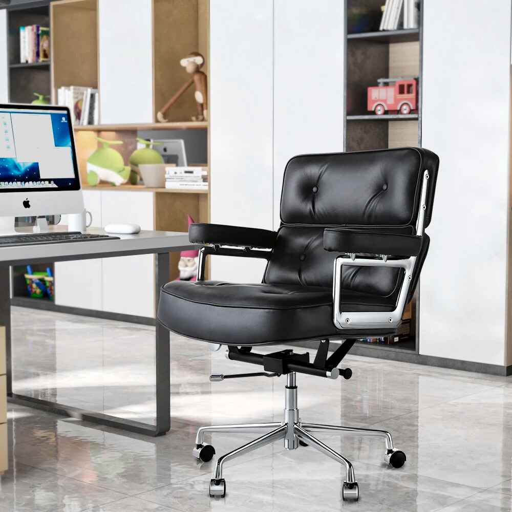 Luxurious Genuine Leather Swivel Office Chair - Ergonomic, Adjustable, with Rollers left side view