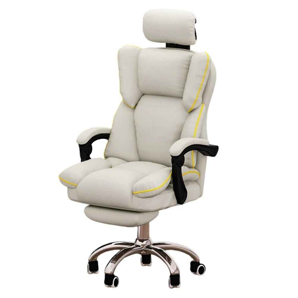 Ergonomic PU Leather Gaming Chair with Adjustable Headrest, Lumbar Support & Footrest white with yellow details