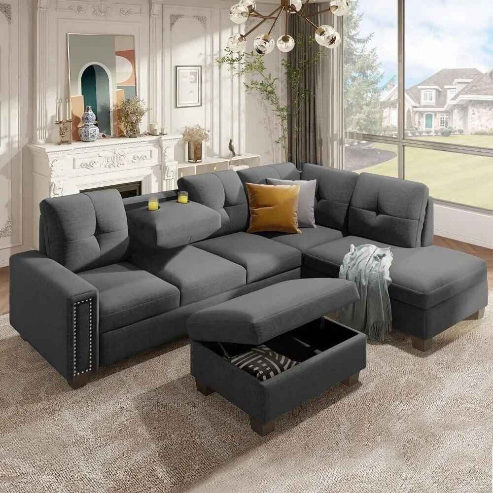 L-Shaped Sofa with Reversible Recliner and Ottoman upper view