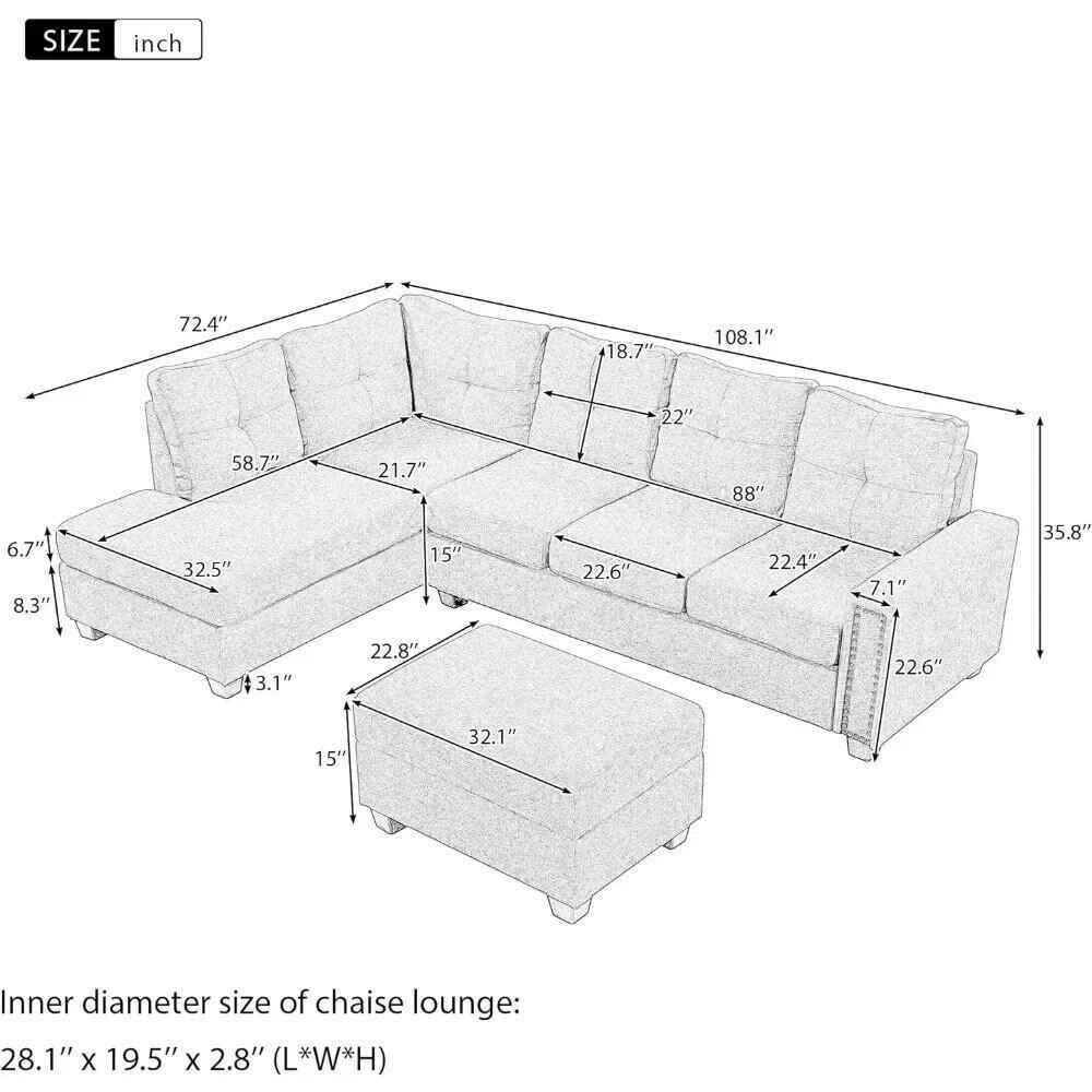 L-Shaped Sofa with Reversible Recliner and Ottoman dimension