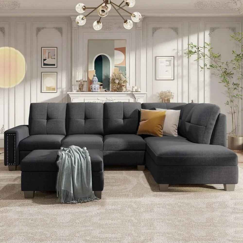 L-Shaped Sofa with Reversible Recliner and Ottoman front view