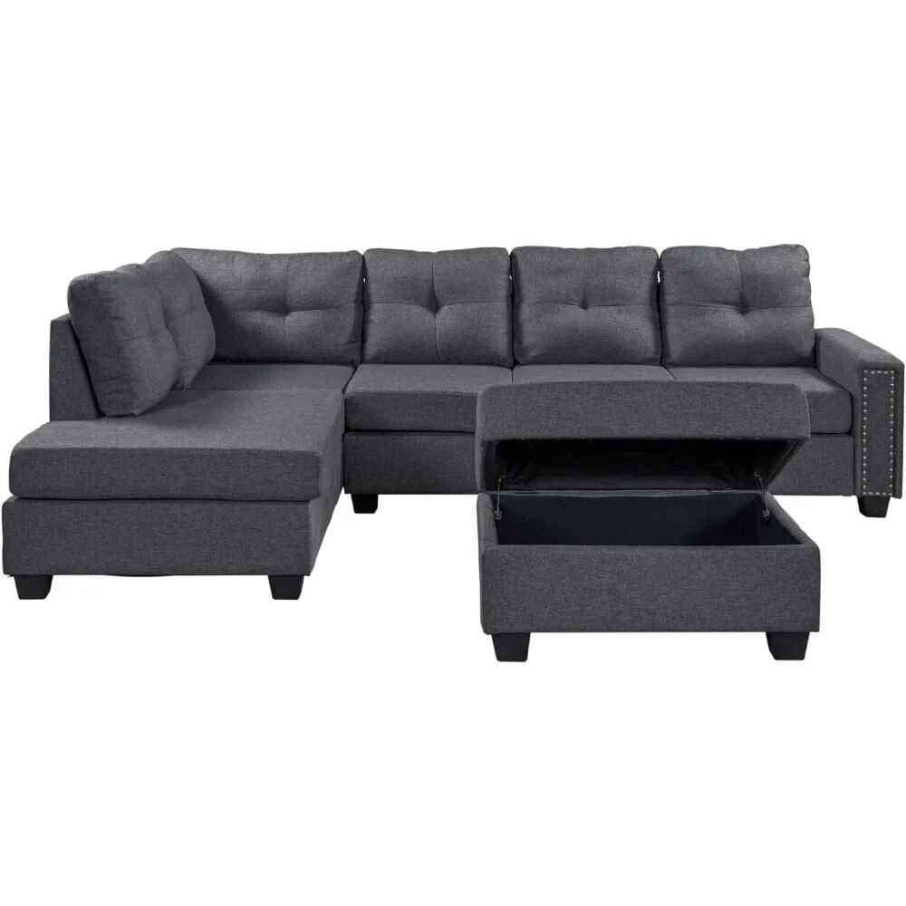 L-Shaped Sofa with Reversible Recliner and Ottoman white background