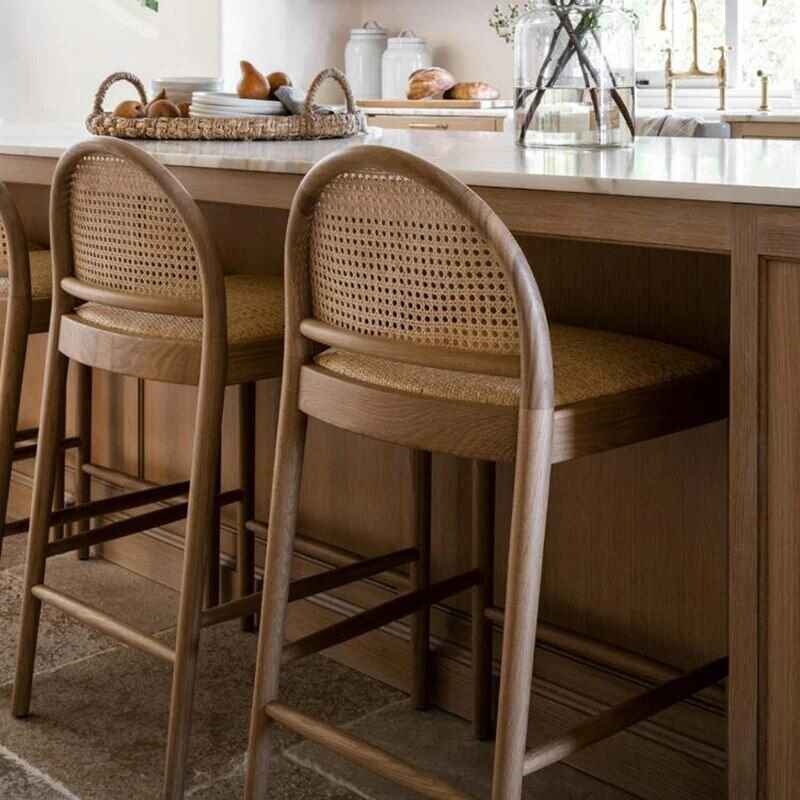 Scandinavian-Style Solid Wood Rattan Bar Stool with Backrest - Modern and Luxurious in the kitchen