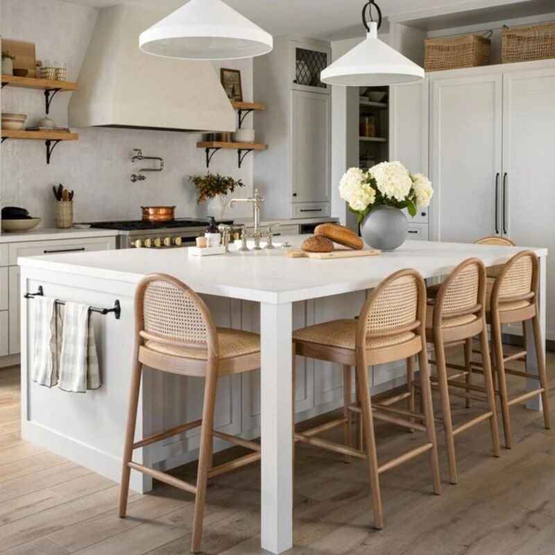 Scandinavian-Style Solid Wood Rattan Bar Stool with Backrest - Modern and Luxurious in the kitchen