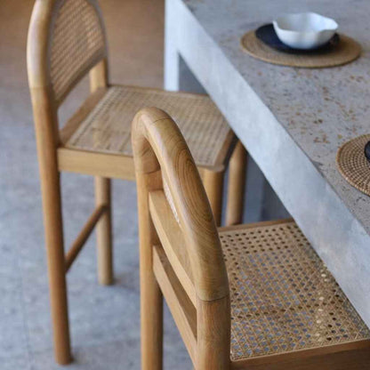 Scandinavian-Style Solid Wood Rattan Bar Stool with Backrest - Modern and Luxurious close up backrest