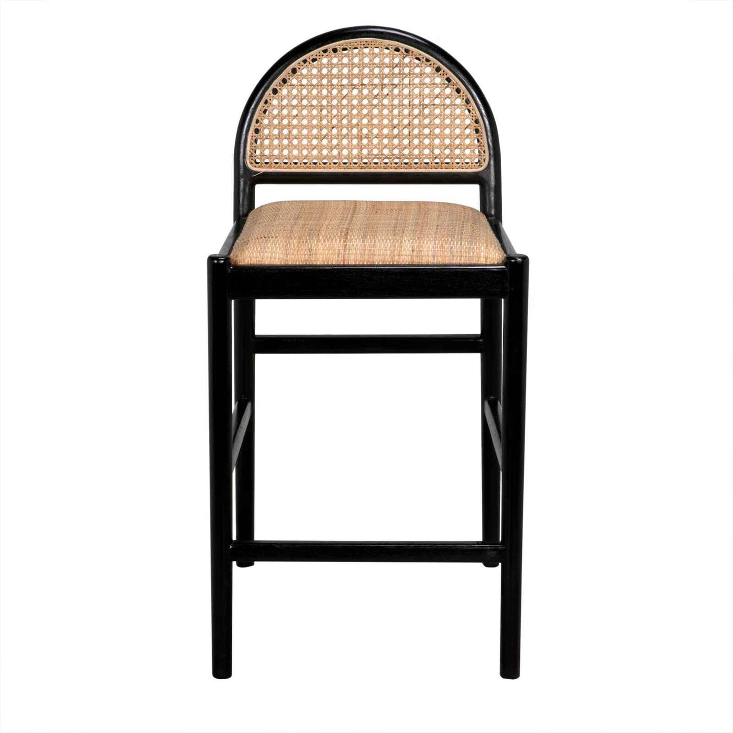 Scandinavian-Style Solid Wood Rattan Bar Stool with Backrest - Modern and Luxurious black front view