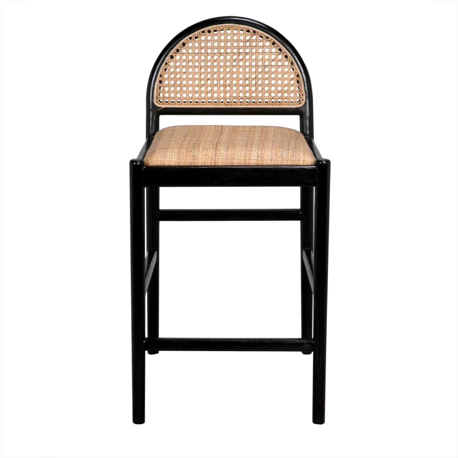 Scandinavian-Style Solid Wood Rattan Bar Stool with Backrest - Modern and Luxurious black front view