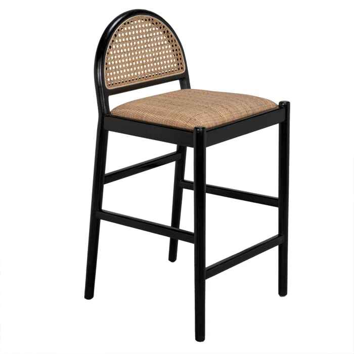 Scandinavian-Style Solid Wood Rattan Bar Stool with Backrest - Modern and Luxurious side view black