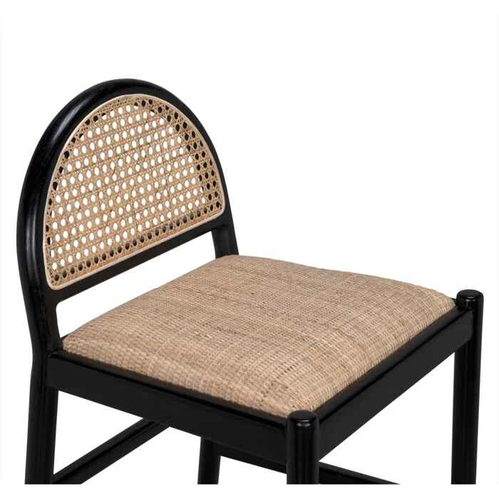 Scandinavian-Style Solid Wood Rattan Bar Stool with Backrest - Modern and Luxurious black close up