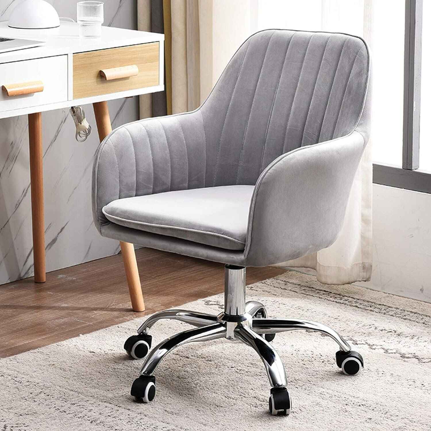 Light Gray Velvet Executive Swivel Office Chair with Rollers and Handrails side view