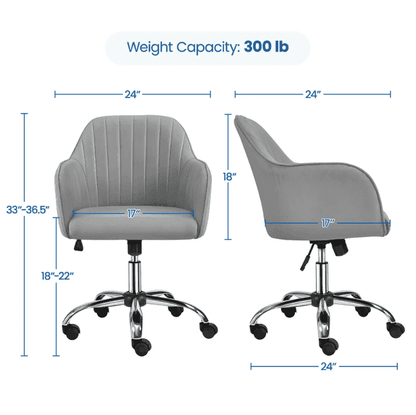 Light Gray Velvet Executive Swivel Office Chair with Rollers and Handrails dimensions