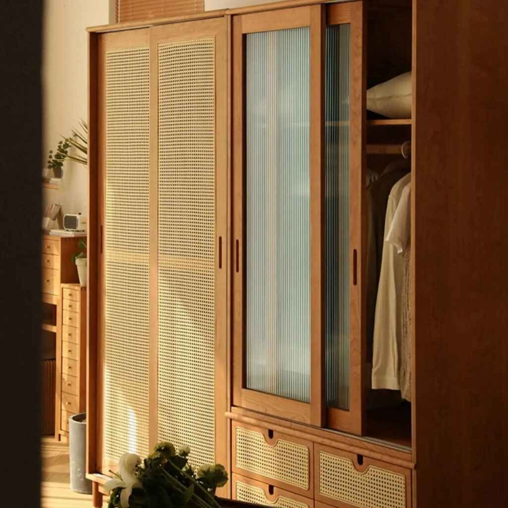 Modern Minimalist Ash Wood Wardrobe with Artistic Glass Sliding Doors left side view