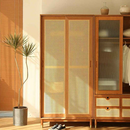 Modern Minimalist Ash Wood Wardrobe with Artistic Glass Sliding Doors front view