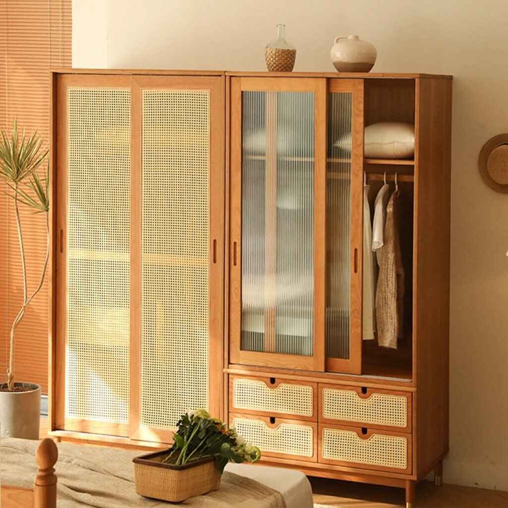 Modern Minimalist Ash Wood Wardrobe with Artistic Glass Sliding Doors side view