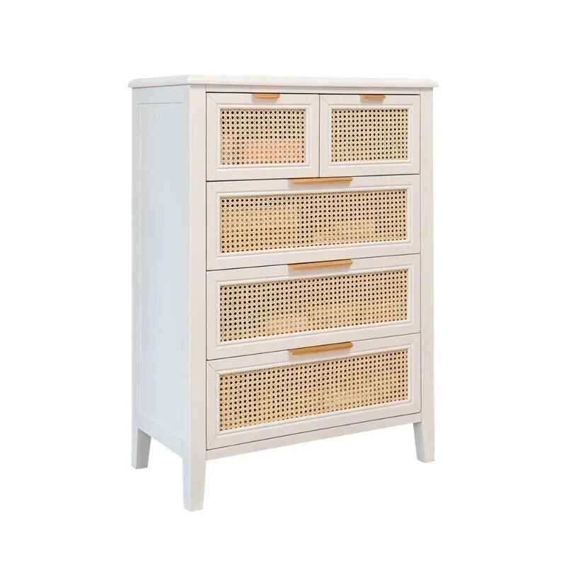 Elegant Northern European Style Solid Wood Chest of Drawers with Rattan Accents ivory