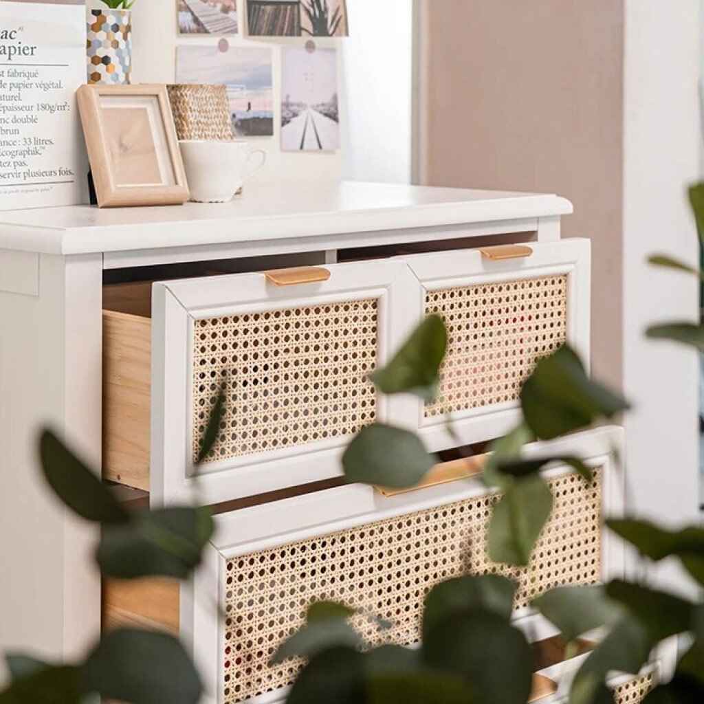 Elegant Northern European Style Solid Wood Chest of Drawers with Rattan Accents