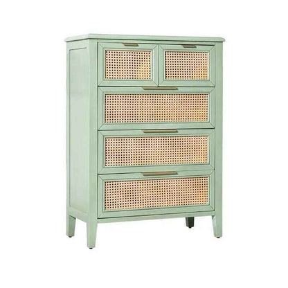 Elegant Northern European Style Solid Wood Chest of Drawers with Rattan Accents green