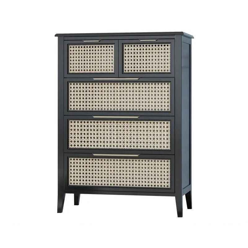 Elegant Northern European Style Solid Wood Chest of Drawers with Rattan Accents black