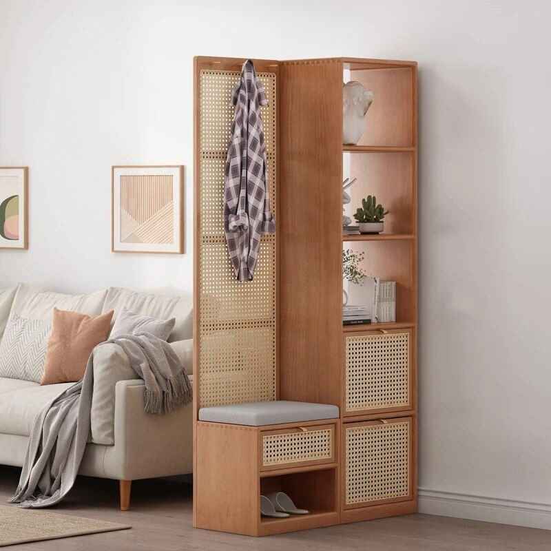 Modern Minimalist Wood Rattan Shoe Cabinet in the living room