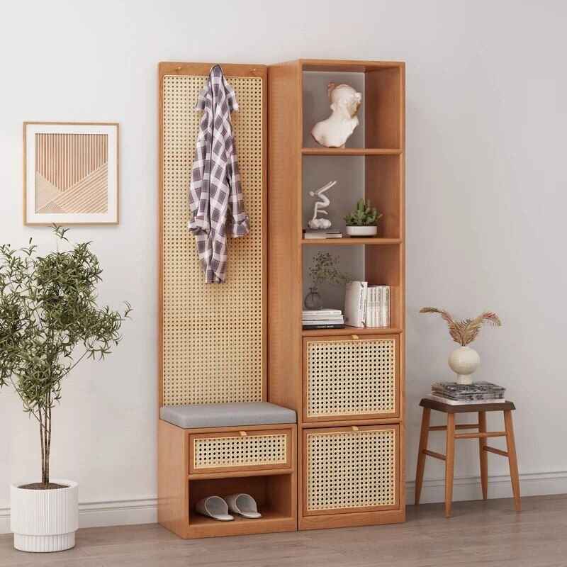 Modern Minimalist Wood Rattan Shoe Cabinet side view