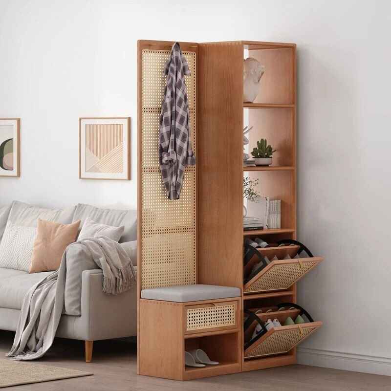 Modern Minimalist Wood Rattan Shoe Cabinet side view