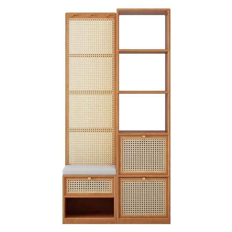 Modern Minimalist Wood Rattan Shoe Cabinet white background