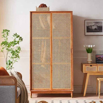 Luxurious Rattan Double Door Wardrobe - Modern Solid Wood Storage for Home and Hotel front view