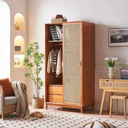 Luxurious Rattan Double Door Wardrobe - Modern Solid Wood Storage for Home and Hotel open door side view