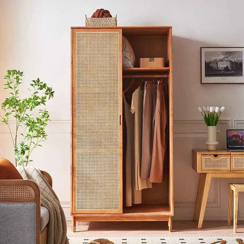 Luxurious Rattan Double Door Wardrobe - Modern Solid Wood Storage for Home and Hotel open door