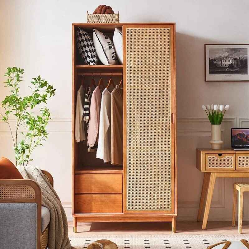 Luxurious Rattan Double Door Wardrobe - Modern Solid Wood Storage for Home and Hotel open door front view