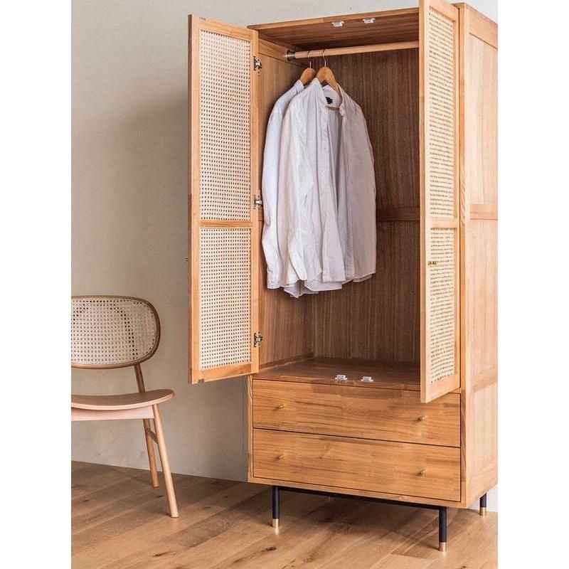 Elegant Oak Wood Wardrobe - Japanese Style Swing Door Storage Cabinet open doors