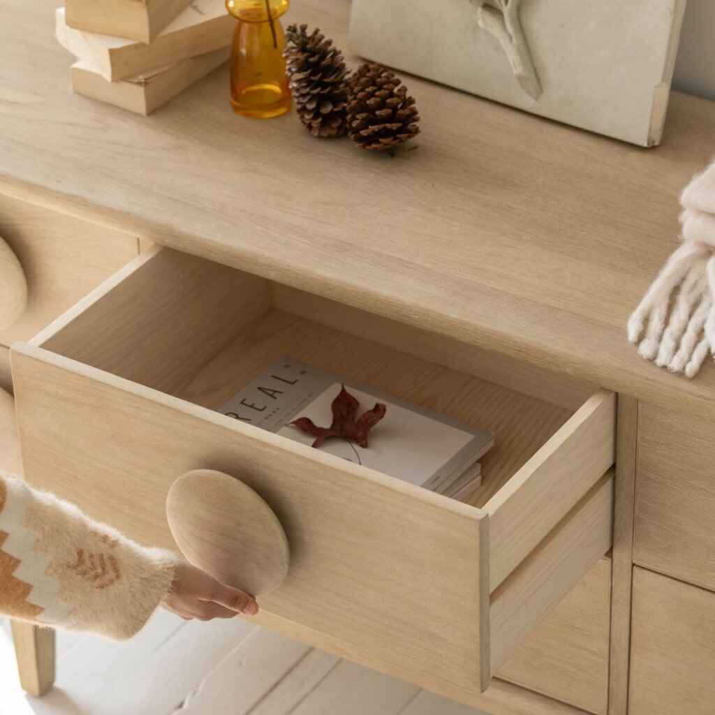 Elegant Oak Wood Sideboard for Living Room open drawer