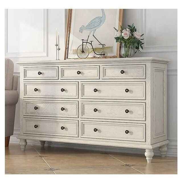 Elegant Large White Solid Wood 7/9 Drawer Chest with Brass Handles - Perfect for Bedroom and Living Room side view