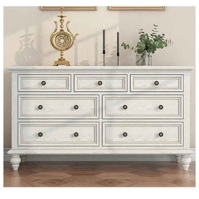 Elegant Large White Solid Wood 7/9 Drawer Chest with Brass Handles - Perfect for Bedroom and Living Room