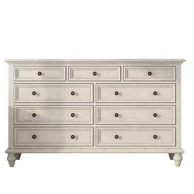 Elegant Large White Solid Wood 7/9 Drawer Chest with Brass Handles - Perfect for Bedroom and Living Room front view