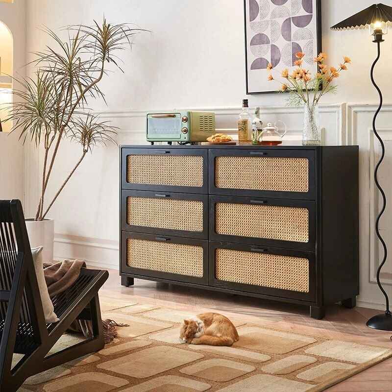 Charming Nordic Solid Wood Rattan Storage Cabinet in the living room 