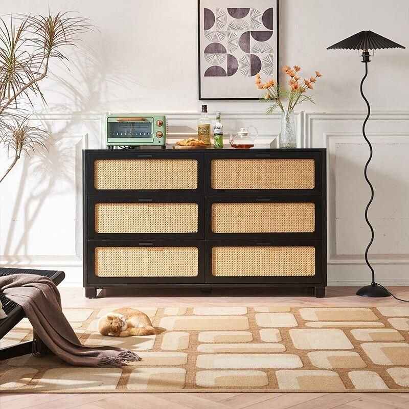 Charming Nordic Solid Wood Rattan Storage Cabinet front view