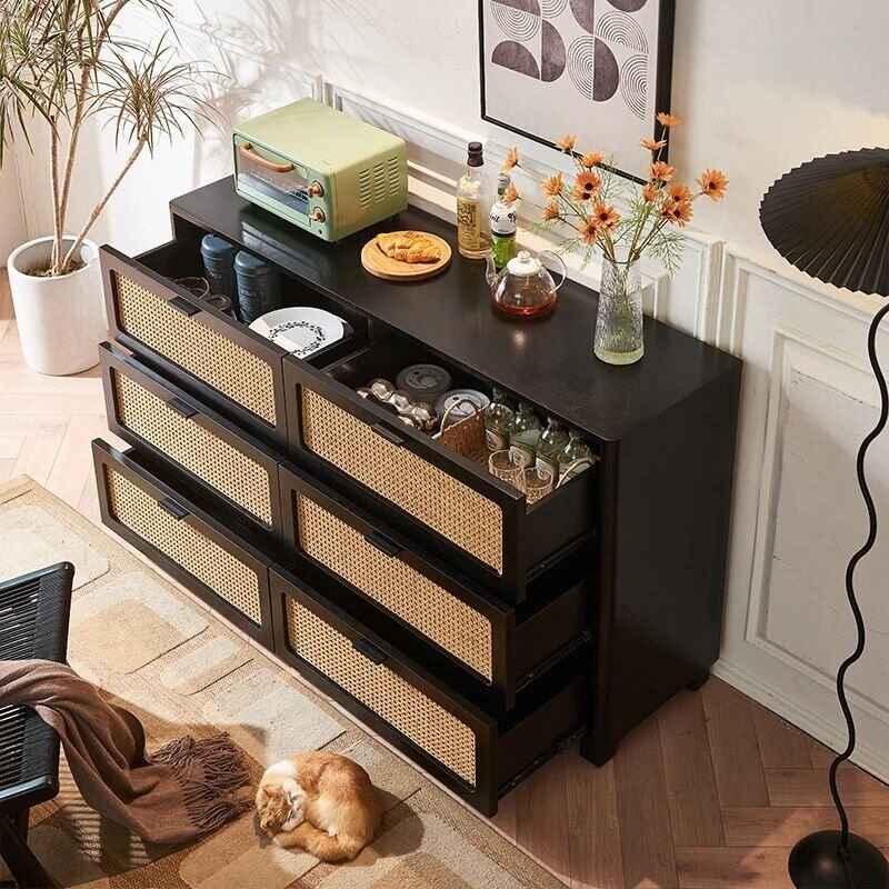 Charming Nordic Solid Wood Rattan Storage Cabinet open drawers