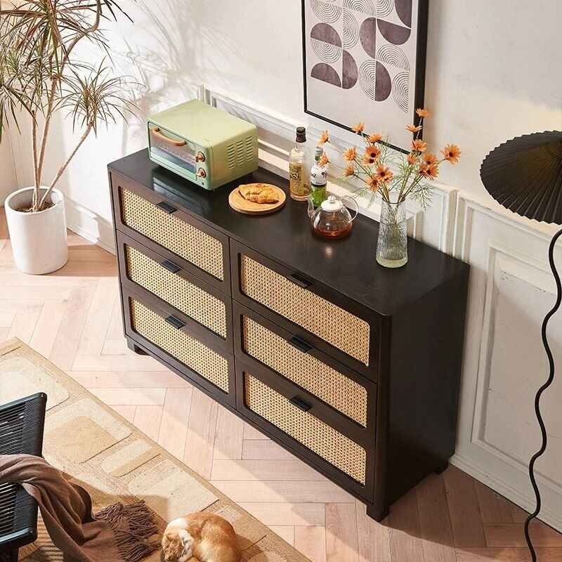 Charming Nordic Solid Wood Rattan Storage Cabinet upper view